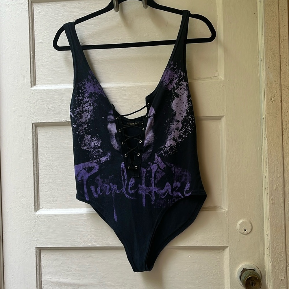 Trendy & Tipsy black Jimi Hendrix purple haze sleeveless lace up vneck bodysuit